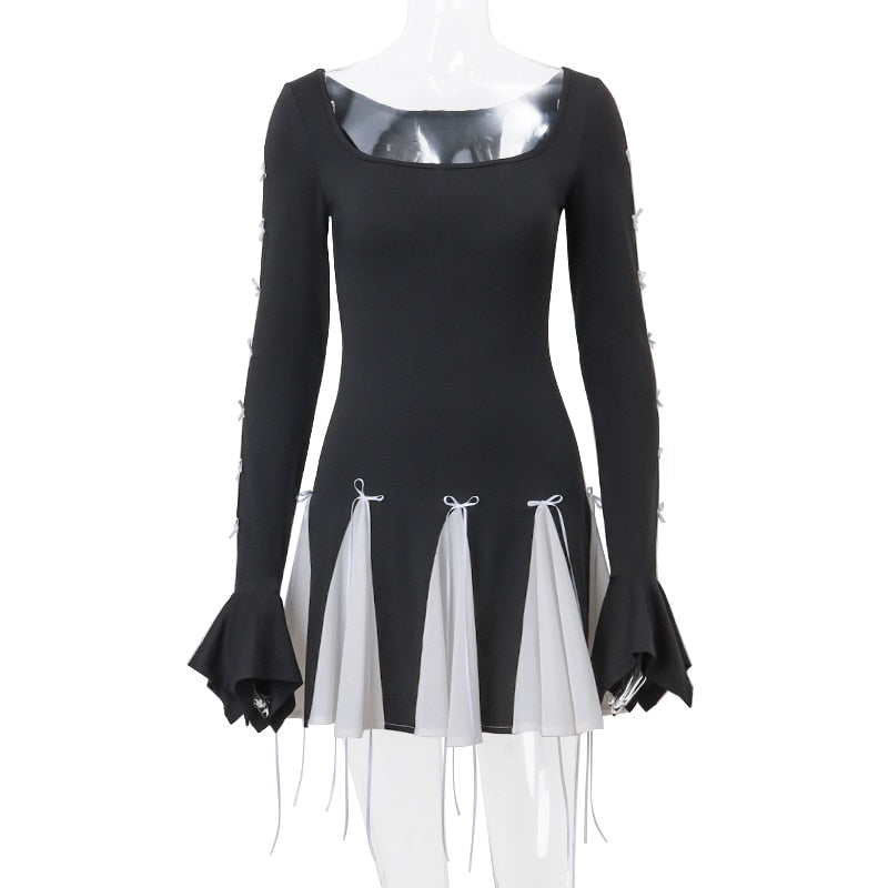 Black Long Sleeve White Graceful Frill Patchwork Bow Mini Dress