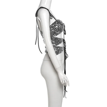 Sequin Silver Cut Out Graceful Tie Up Strappy Top