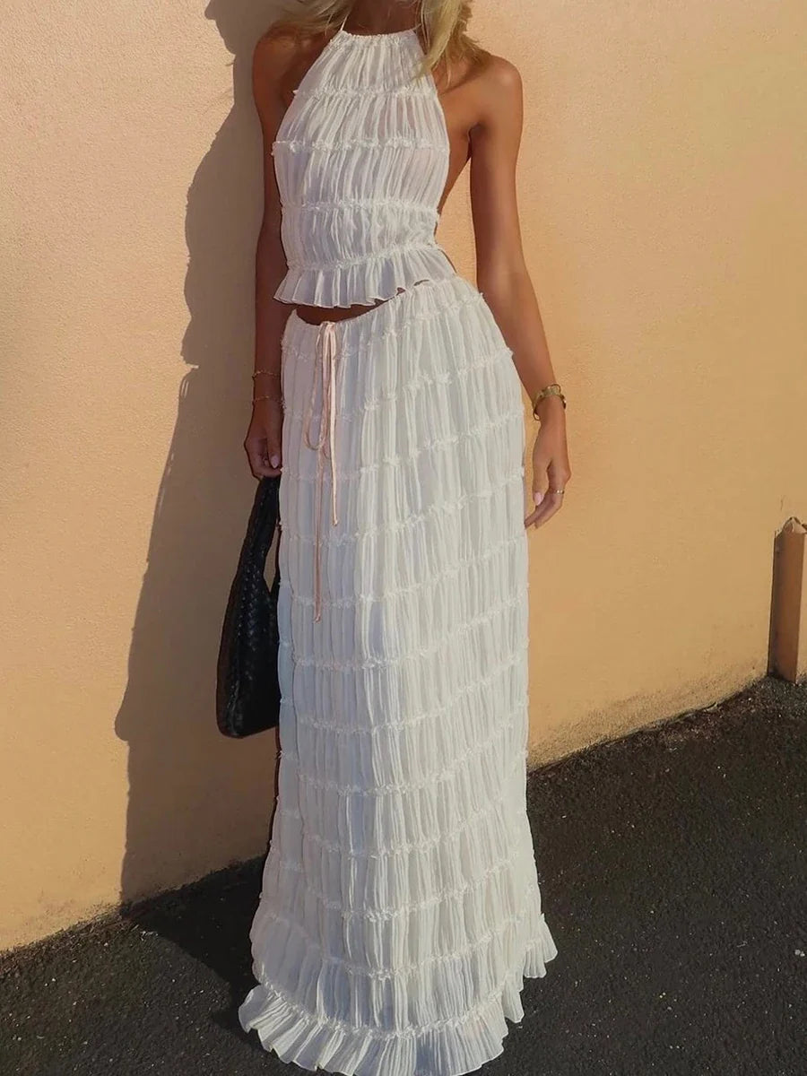 Ruched Halter White Top Graceful And Maxi Skirt Set