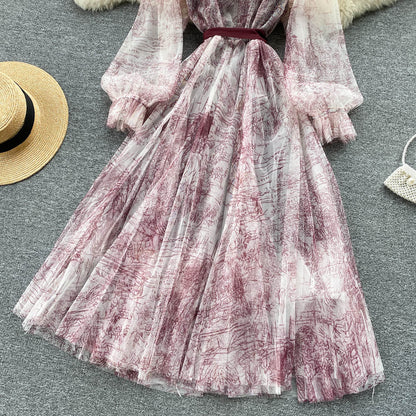 Summer and Bandage for Dresses Women Elegant Spring Vintage Gown Line and Coastal featuring Sleeves Patterned Patchwork Lantern Mesh with and A Party Dress