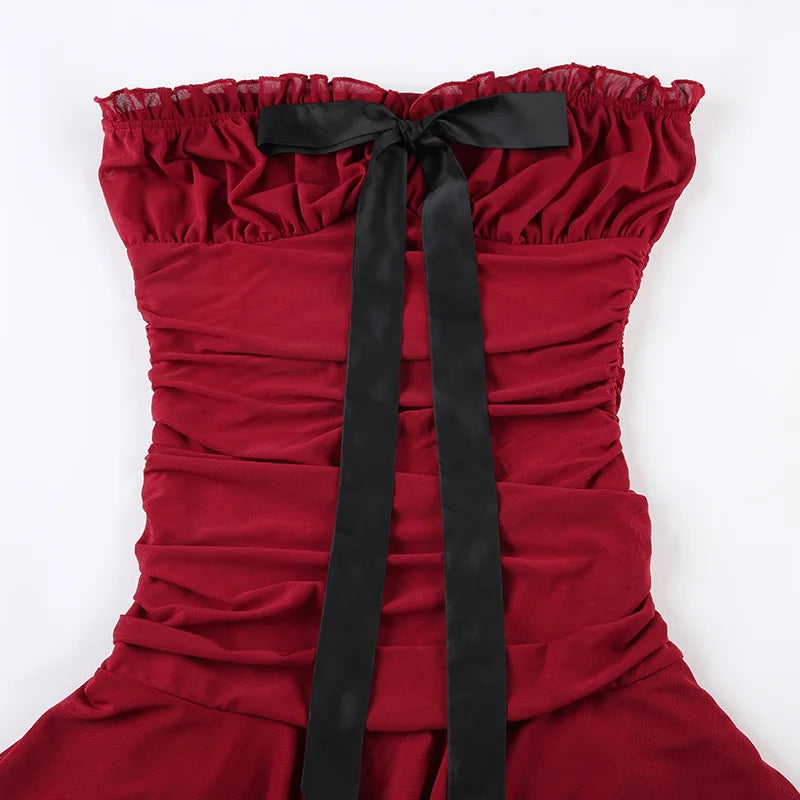 Red Tube Ruched Charming Bow Mini Dress