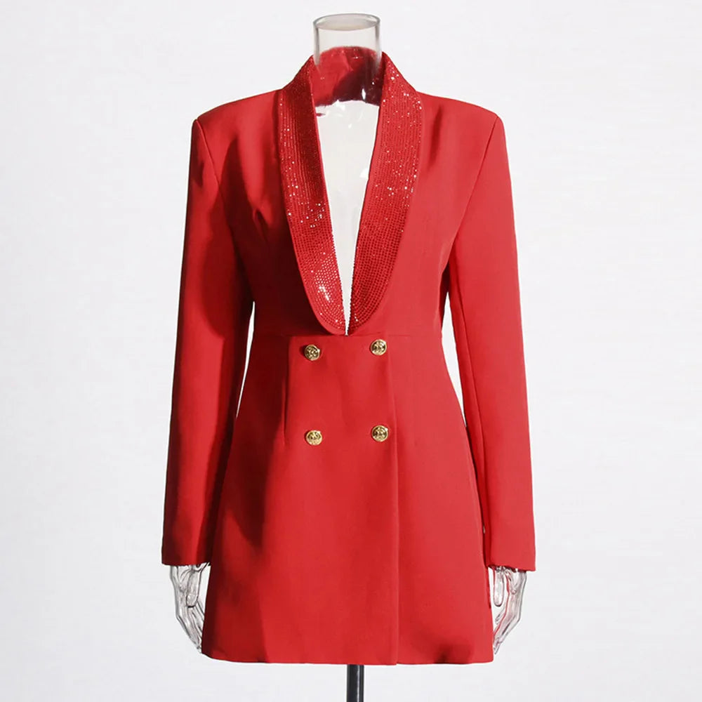 Red Sequin Collar Charming Open Back Blazer Dress