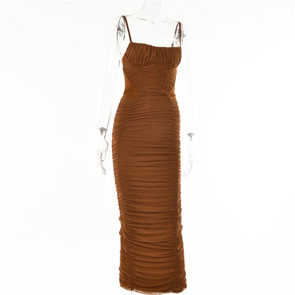 Sexy Warm-Season Strap Elegant Spaghetti Evening Woman Mesh Stretchy Party Gown Ruched Bodycon Long Full-Length Dress