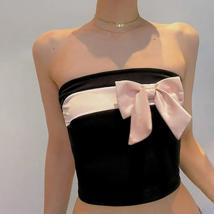 Black Tube Pink Charming Bow Crop Top