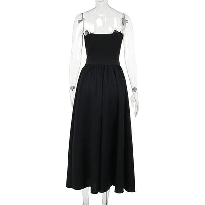 Black Deep Neck Charming Strapless Frill Midi Dress