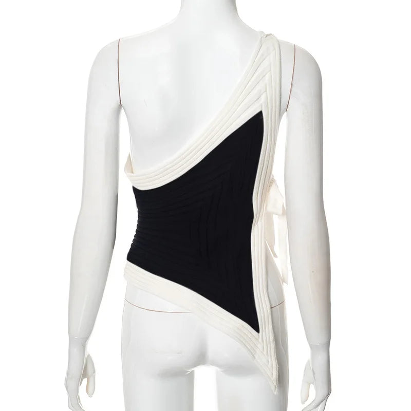 Black and White Colorblock Graceful Asymmetrical One Shoulder Top