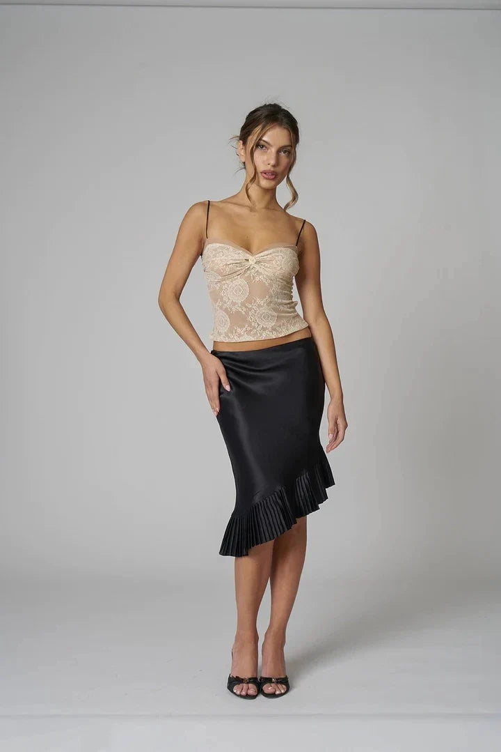 Satin Pleated Stylish Trim Midi Skirt