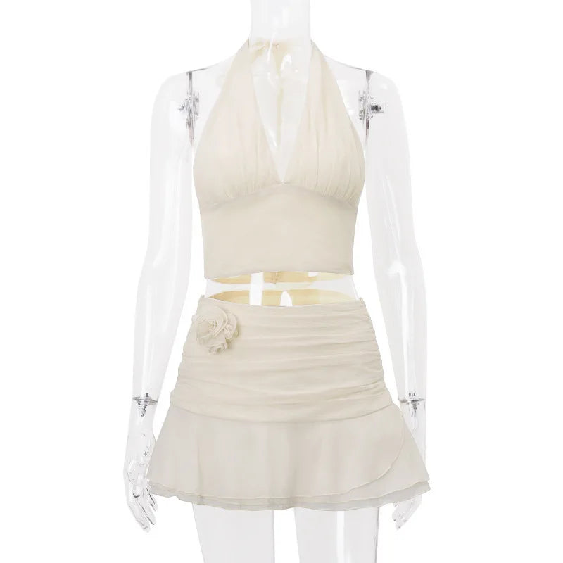 Ruched V-neck Bralette And Graceful Frill Mini Skirt Set