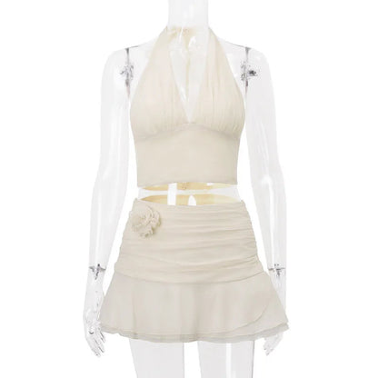 Ruched V-neck Bralette And Graceful Frill Mini Skirt Set