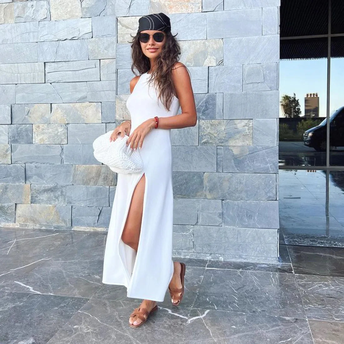 Ribbed Slit Stylish Sleeveless Midi Dress