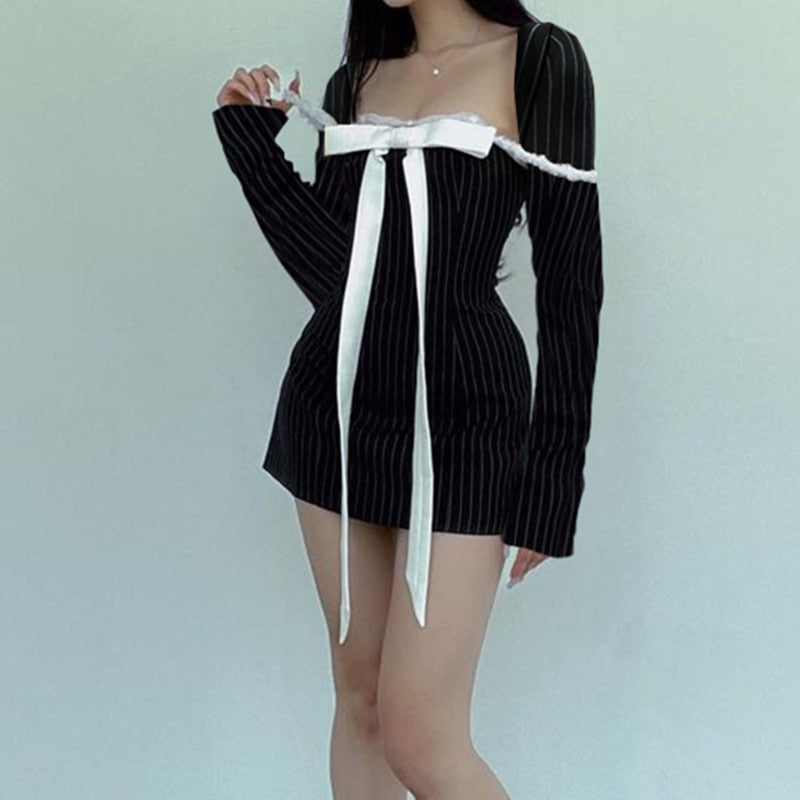 Black Stripe Long Charming Sleeve Bow Mini Dress