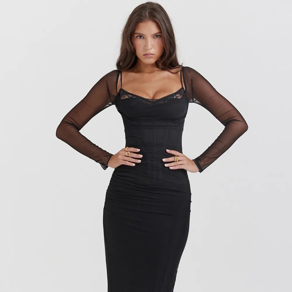 Black Long Sleeve Charming Mesh Bodycon Maxi Dress