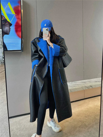 Blue Fur Double-Sided Charming Leather Long Jacket