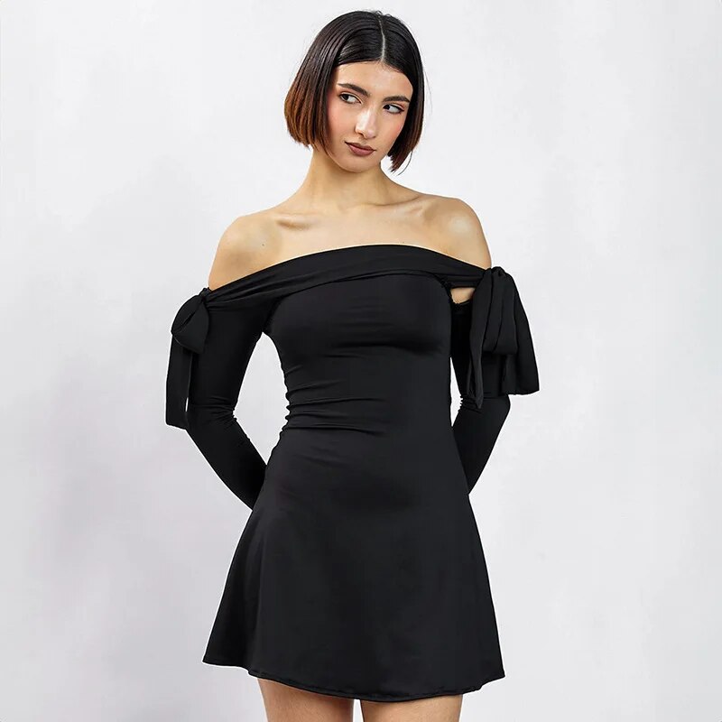 Black Off-shoulder Bow Charming Long Sleeve Mini Dress