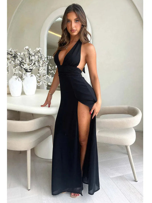 Black Deep Neck Charming High Split Maxi Dress