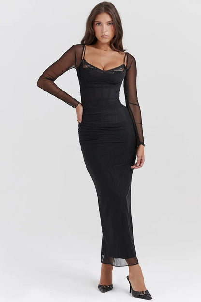 Black Long Sleeve Charming Mesh Bodycon Maxi Dress