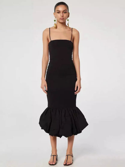 Black Spaghetti Strap Bodycon Graceful Baloon Fishtail Midi Dress