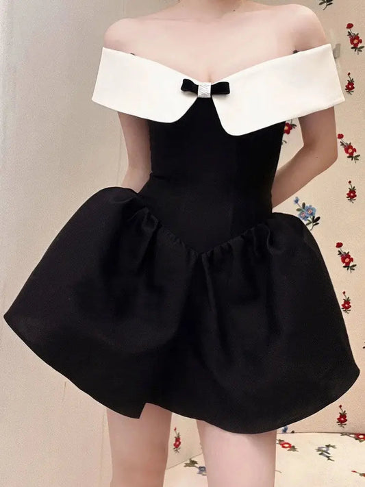 Black Off-Shoulder Contrast Charming Collar Mini Dress