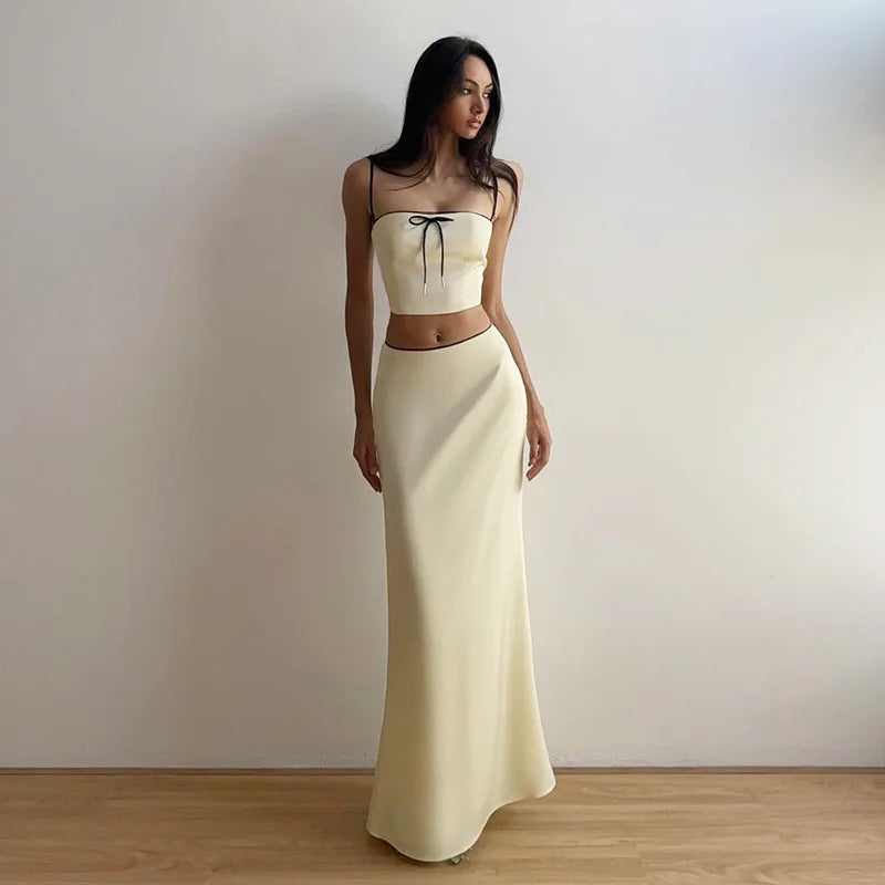 Satin Contrast Trim Bow Crop Top Modern And Maxi Skirt Two Piece Set