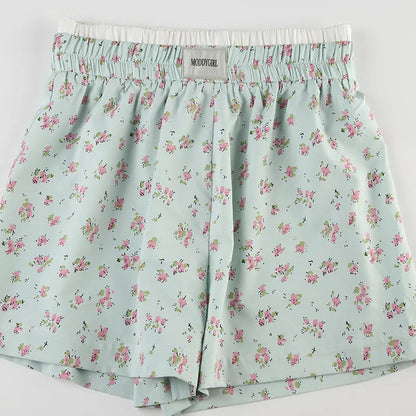 Blue Floral Print Charming Elastic Waist Boxer Shorts