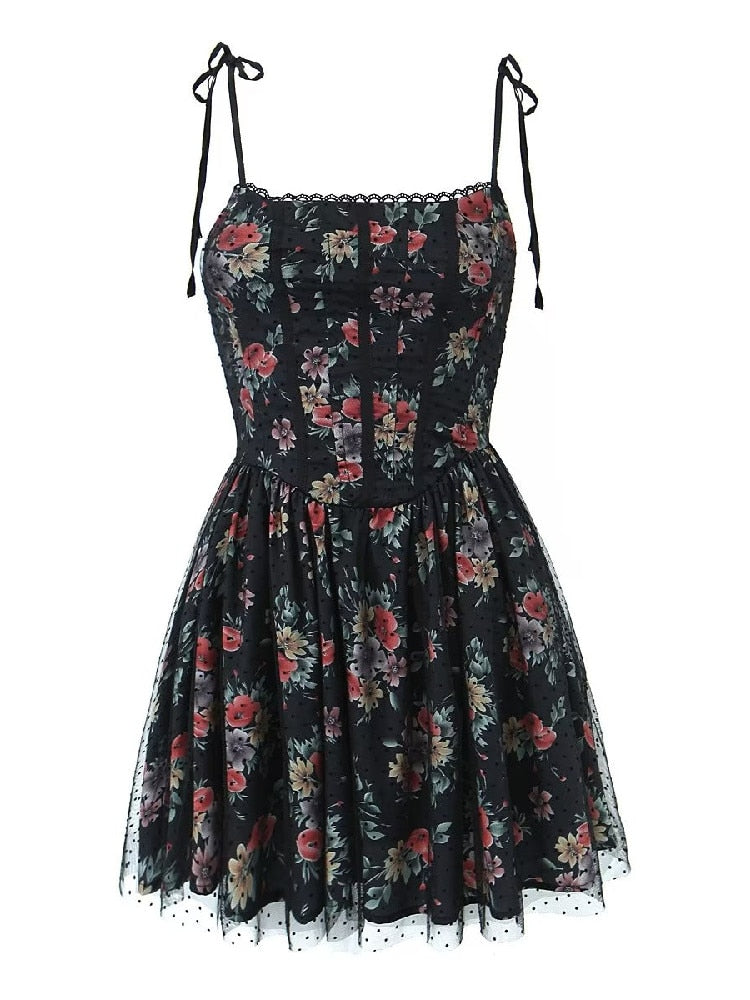 Black Floral Print Tie-Up Graceful Corset Frill Mini Dress