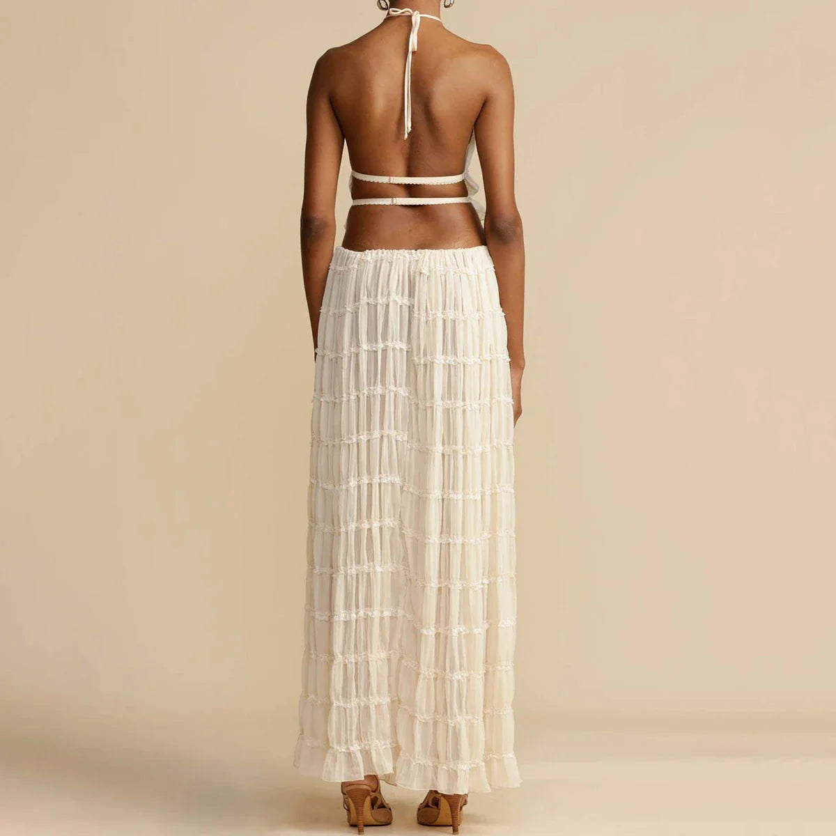 Ruched Halter White Top Graceful And Maxi Skirt Set