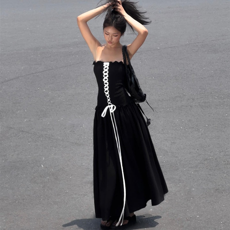 Black Tube Ruched Charming Lace Up Maxi Dress