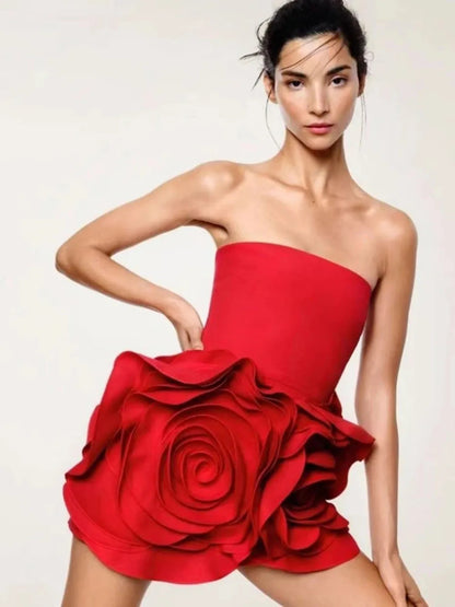 Red Strapless 3D Charming Big Flower Mini Dress