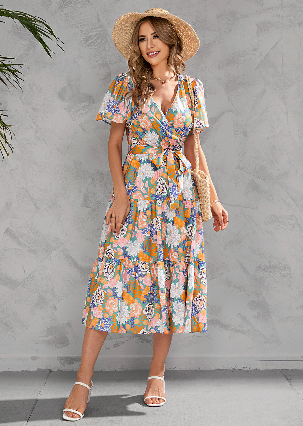 Women's Summer Floral V-Neck Short Sleeve Dress with Belt - Chiffon Mid-Length Boho Beach Sundress