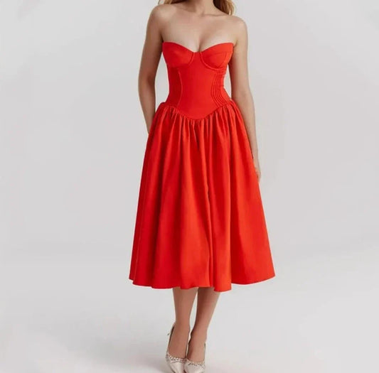 Red Bustier Pleated Charming Flare Midi Dress