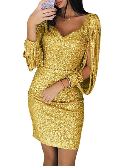 Sequined Stitching Shining Club Modern Bodycon Long Sleeved Mini Dress