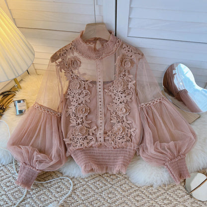 3D Blouse Top Lace Mesh Shirts Spring Lantern Elegant Arm Blusas Women Sheer Flowered Femininas