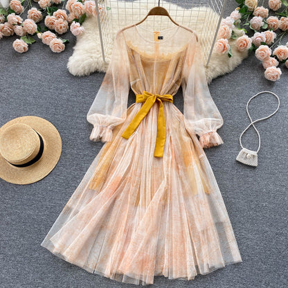 Summer and Bandage for Dresses Women Elegant Spring Vintage Gown Line and Coastal featuring Sleeves Patterned Patchwork Lantern Mesh with and A Party Dress