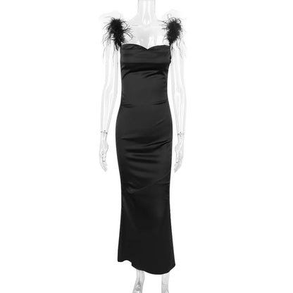 Black Satin Feather Charming Strap Maxi Dress