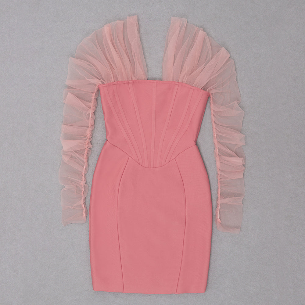 Long Arm Pink Warm-Season Sexy Bodycon Mesh Shoulder Bandage Backless Mini Women Off Dress