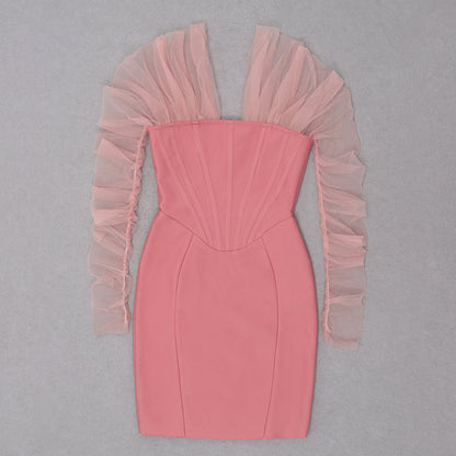 Long Arm Pink Warm-Season Sexy Bodycon Mesh Shoulder Bandage Backless Mini Women Off Dress