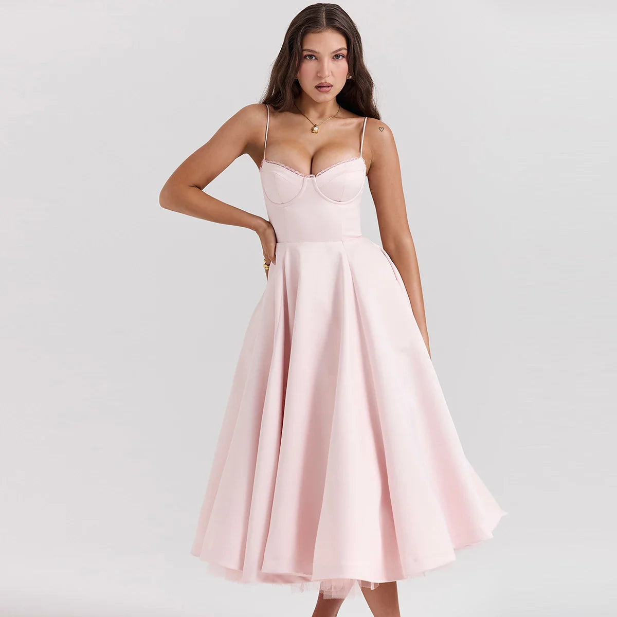 Satin Tulle Flare Charming Strap Cupped Midi Dress