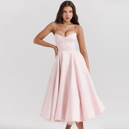 Satin Tulle Flare Charming Strap Cupped Midi Dress