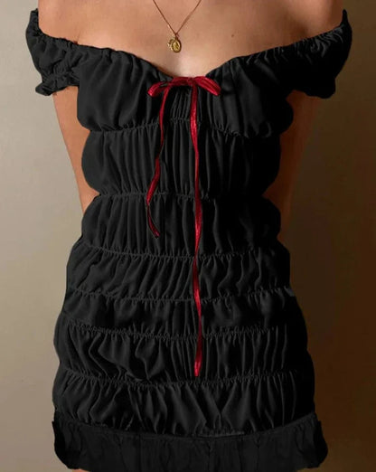 Ruched Drawstring Short Charming Sleeve Mini Dress