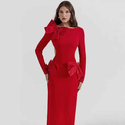 Red Bow Hollow Out Graceful Back Long Sleeve Maxi Dress