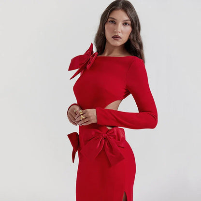 Red Bow Hollow Out Graceful Back Long Sleeve Maxi Dress