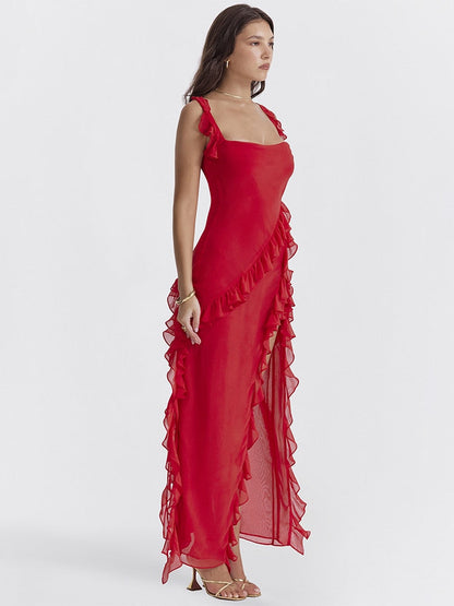 Red Ruffle Stylish Split Maxi Dress