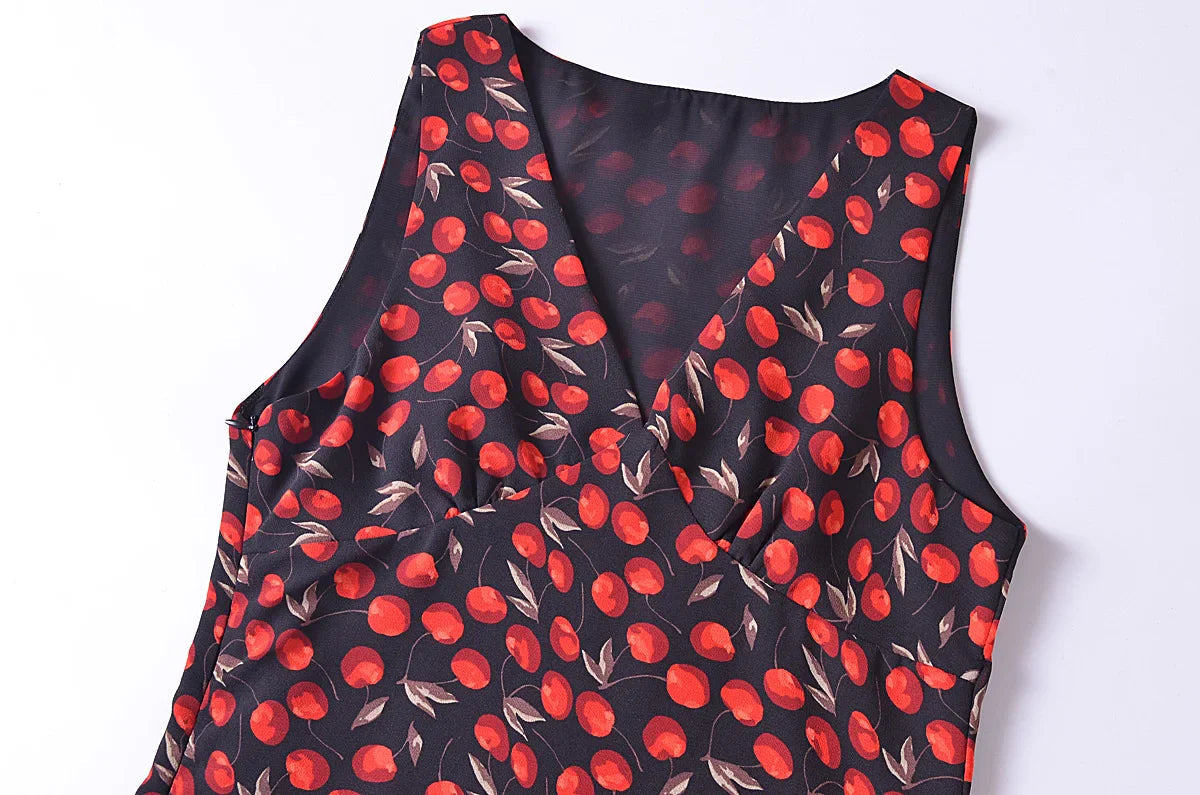 Black Cherry Print Charming Halter Mini Dress