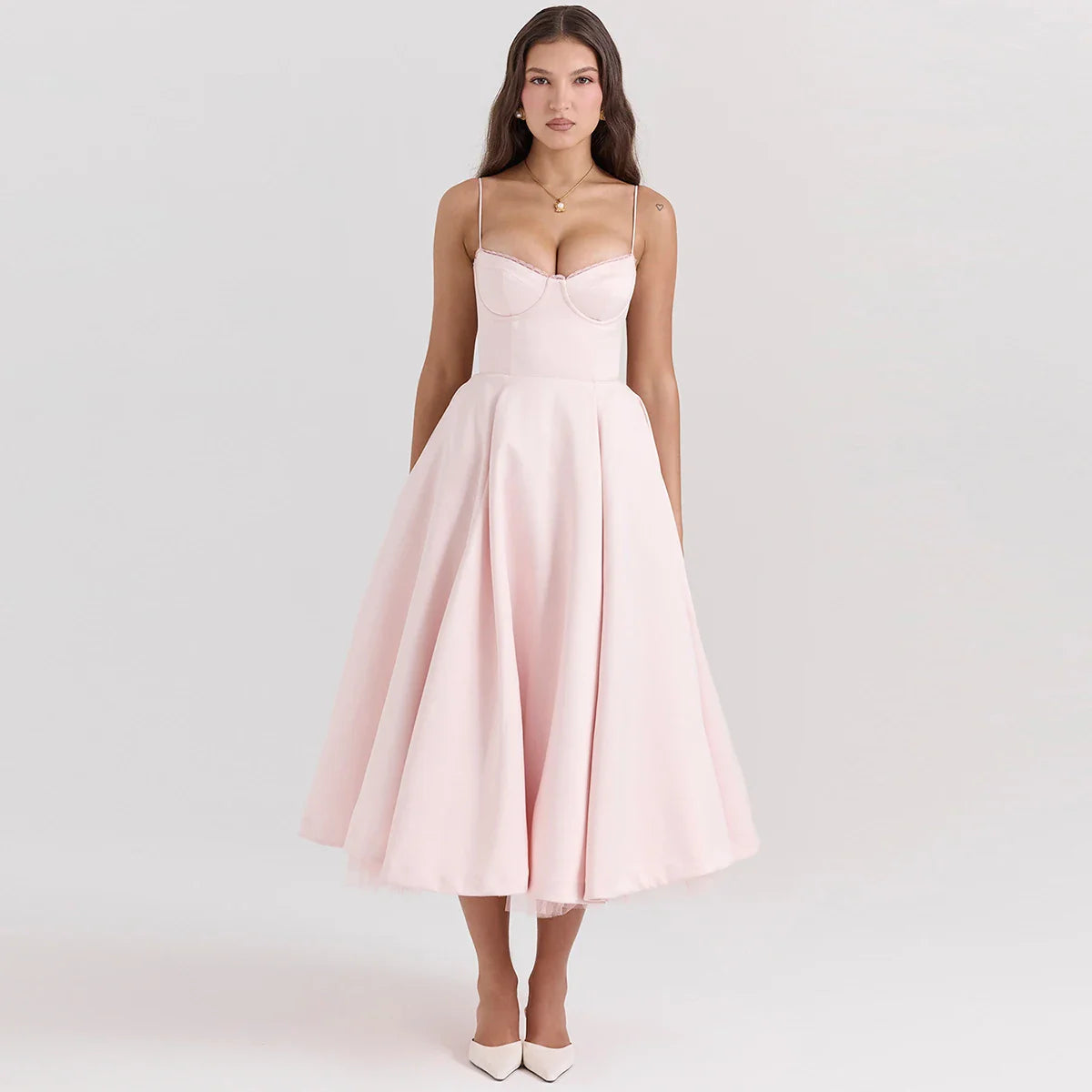 Satin Tulle Flare Charming Strap Cupped Midi Dress