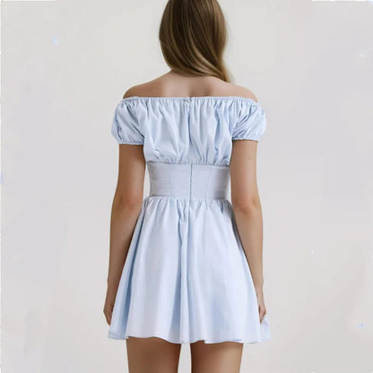 Blue Ruched Puff Charming Sleeve Elastic Mini Dress