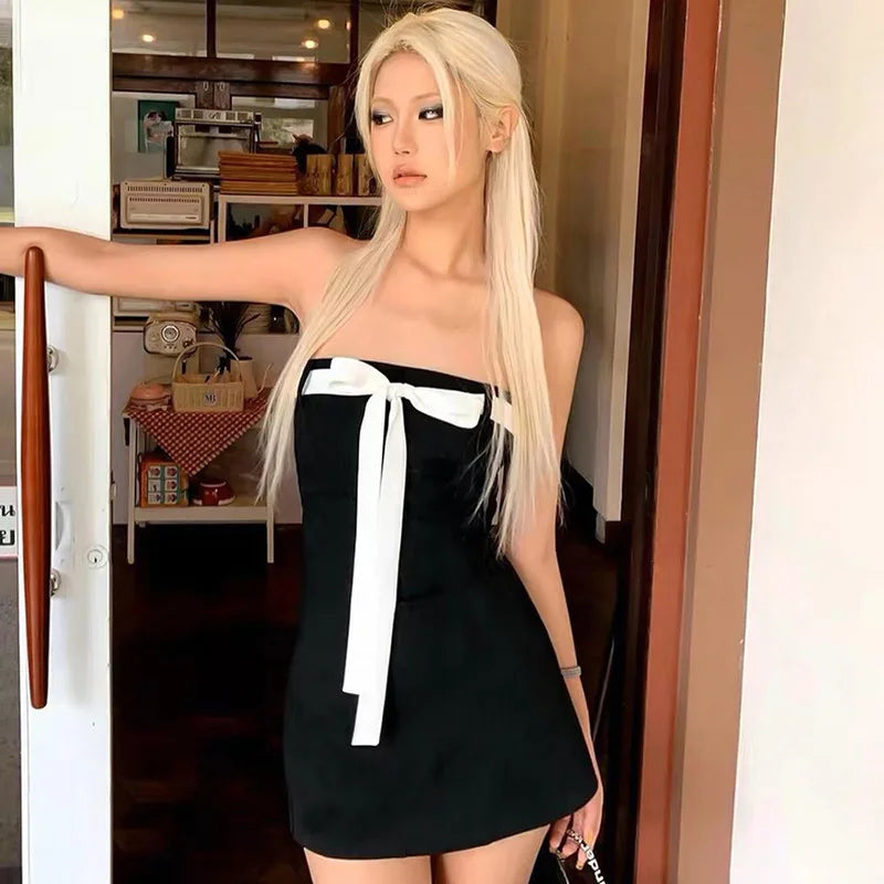 Black Tube White Charming Bow Mini Dress