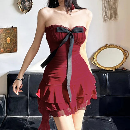 Red Tube Ruched Charming Bow Mini Dress