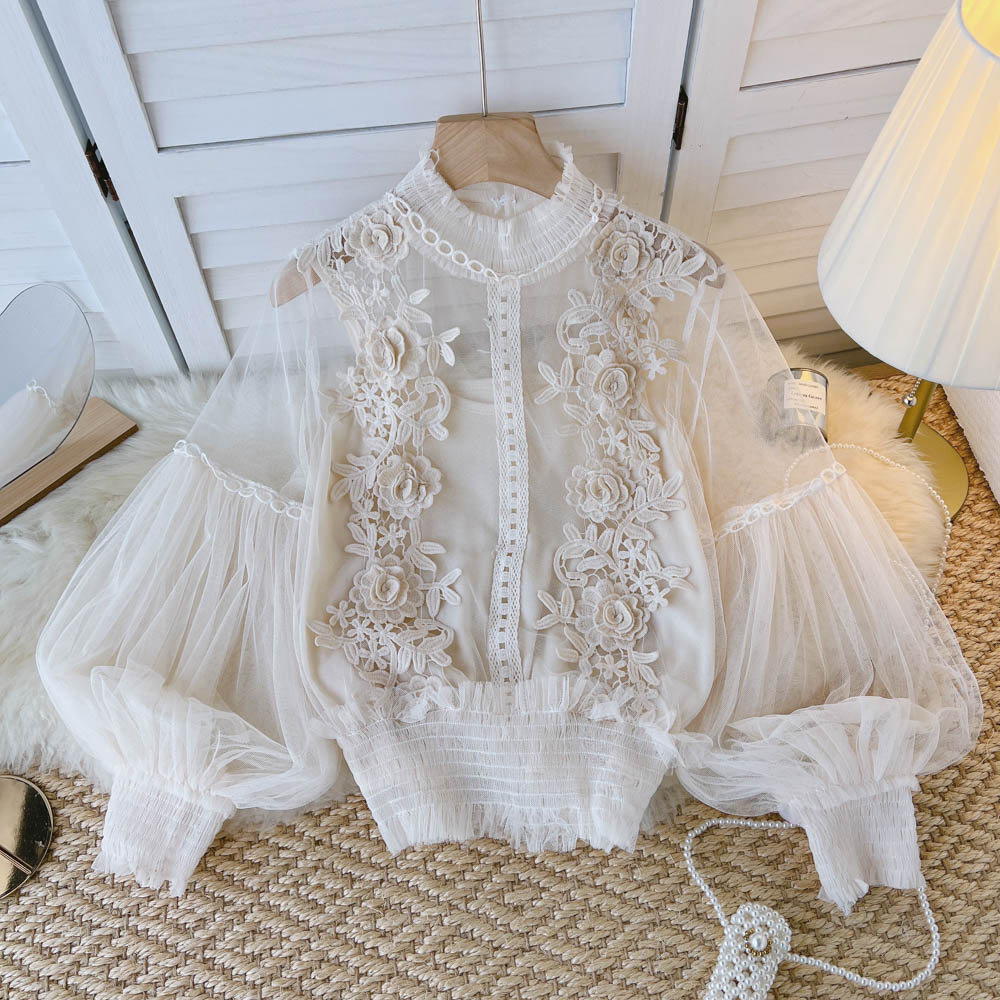 3D Blouse Top Lace Mesh Shirts Spring Lantern Elegant Arm Blusas Women Sheer Flowered Femininas