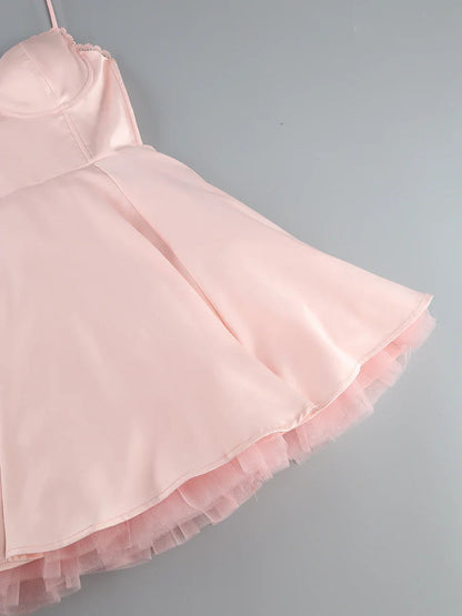 Satin Tulle Frill Charming Strap Mini Dress