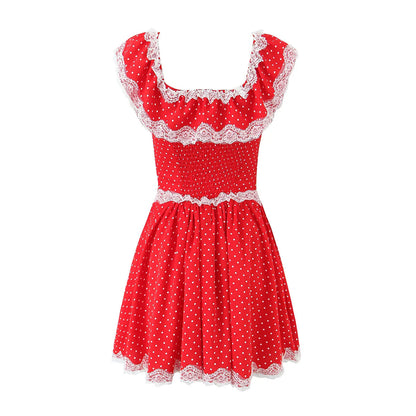 Ruffles Off-shoulder Button Charming Polka Dot Mini Dress